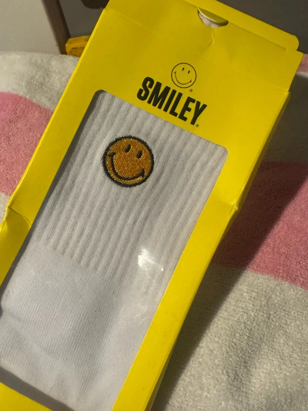 White Crew Socks with yellow smiley face😊 unisex but listed under womens-fun fun